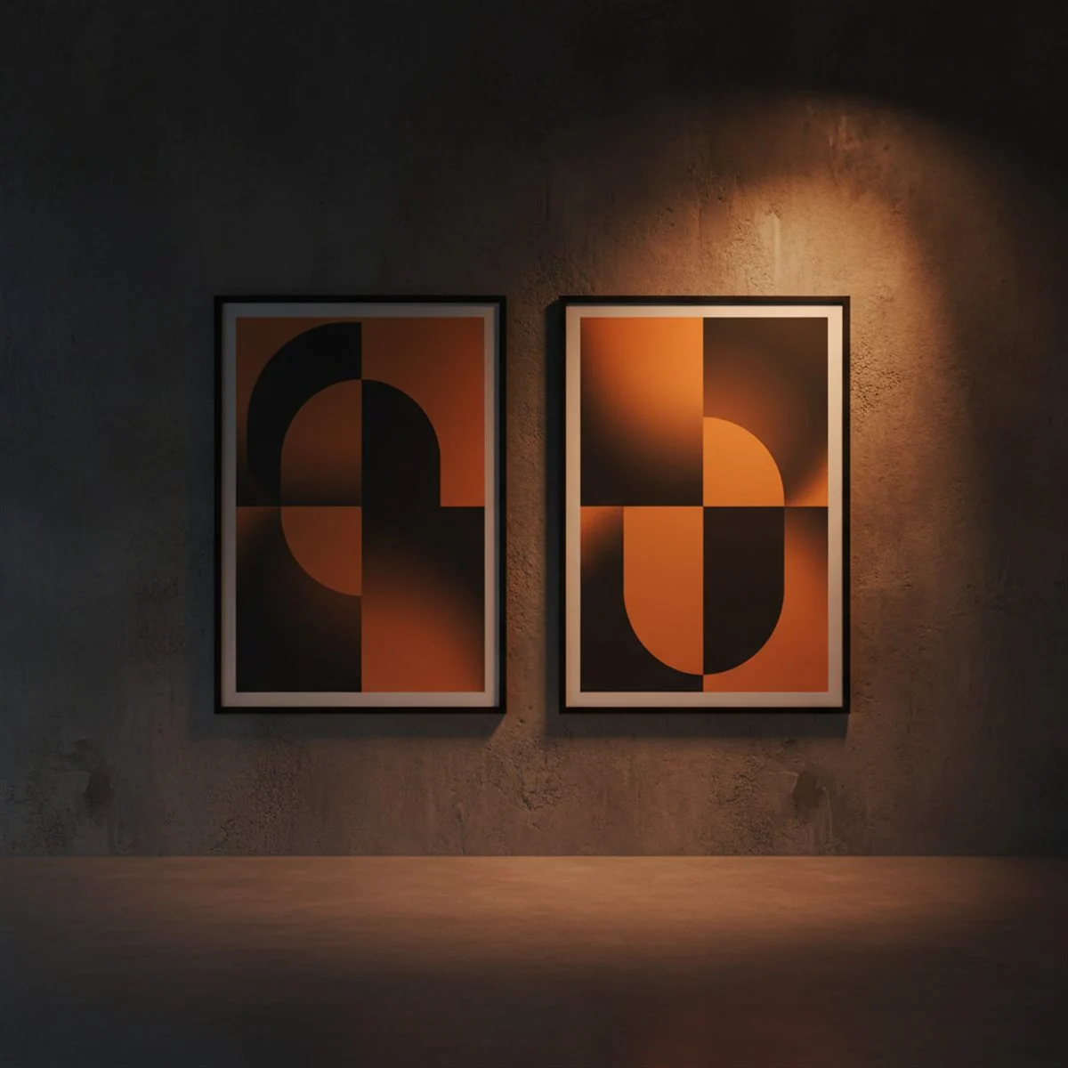 Promotiedrukwerk: posters met oranje grafiek op donkere wand