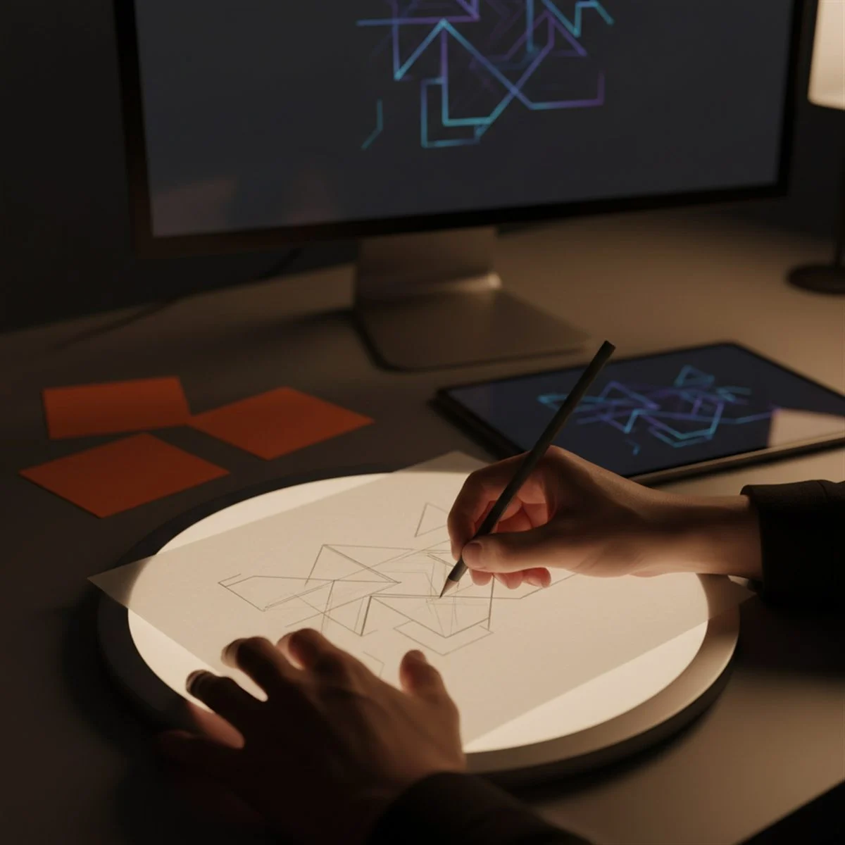 Van idee naar design: schetsend ontwerper aan het werk met oranje kleurstalen