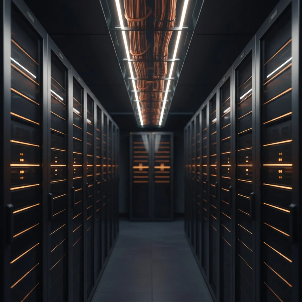 Webhosting: moderne serverruimte met oranje status-LEDs